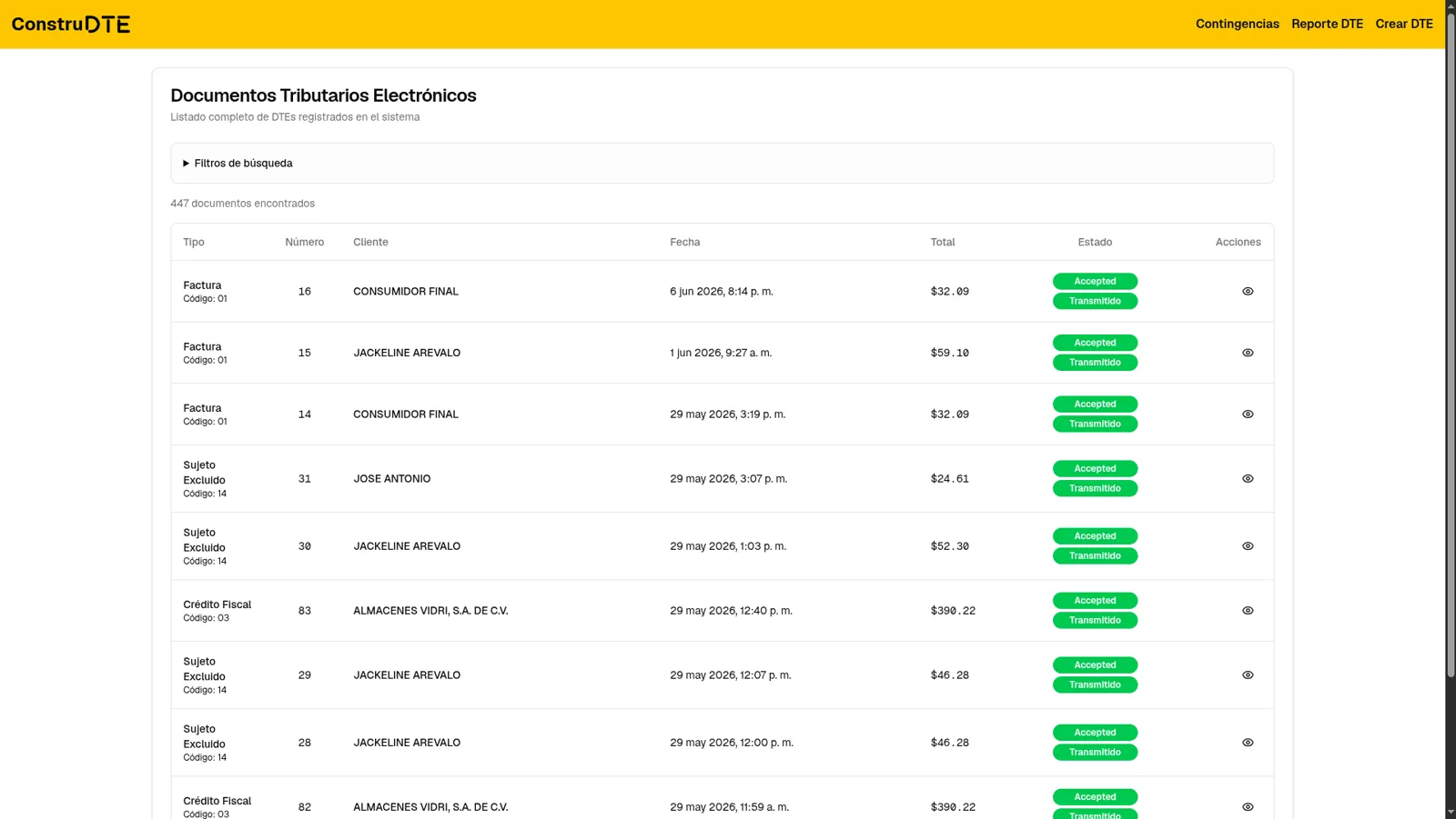 Dashboard principal del sistema DTE de Construfijaciones