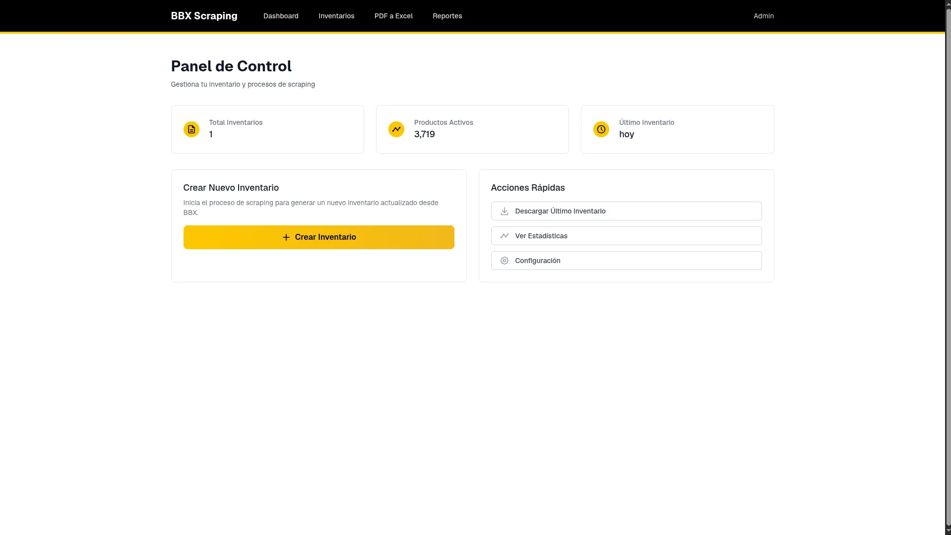 Dashboard principal del sistema de inventario de Construfijaciones