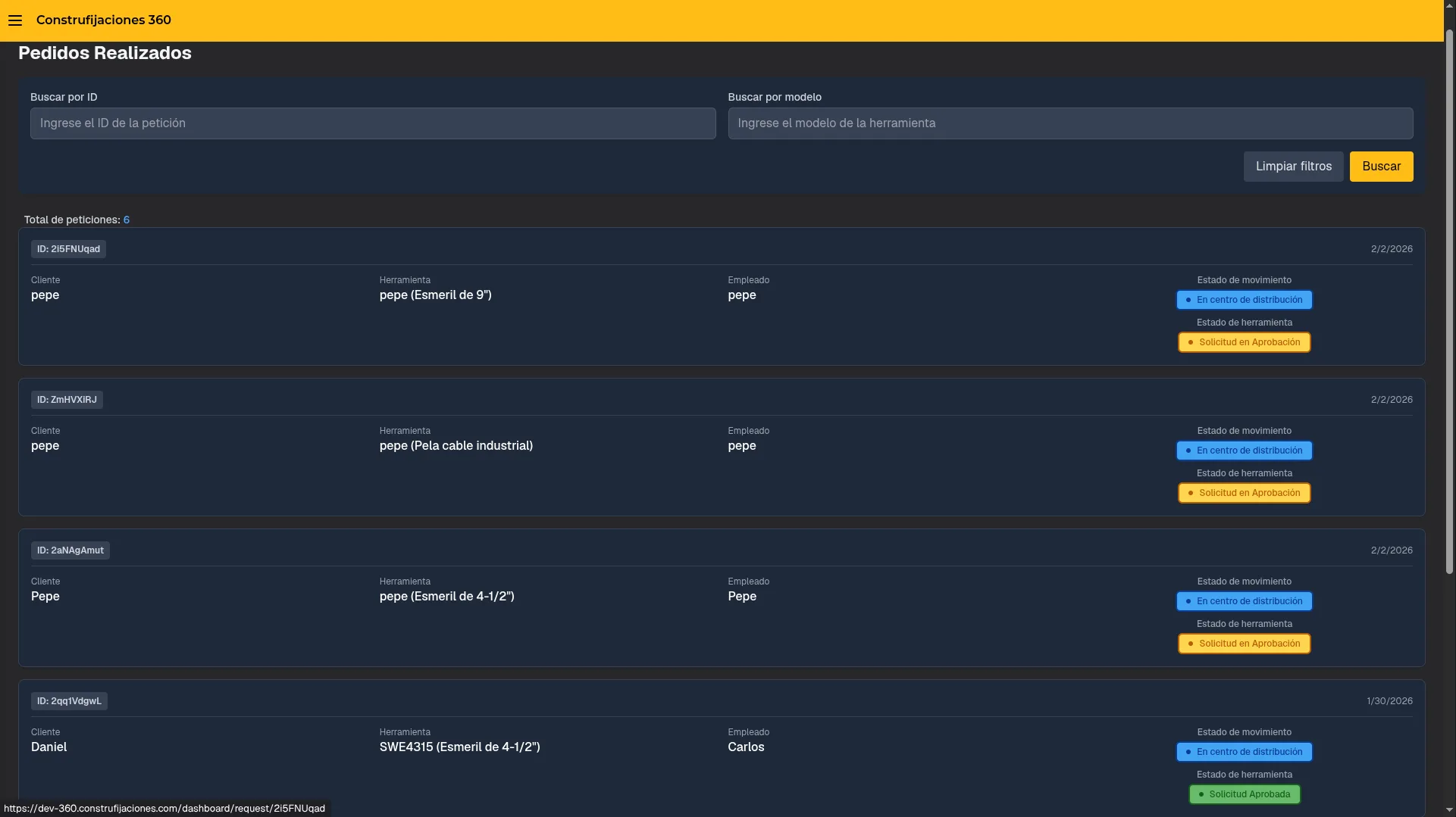Dashboard principal del sistema RMA de Construfijaciones